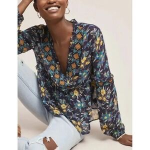 Anthropologie Meadow Rue Blouse XS Blue Floral Strasser Beaded Embroidered New